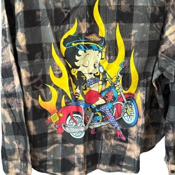 Betty Boop Tops - Betty Boop Flannel Shirt Bleached Plaid Motorcycle Graphic Long Sleeve Womens LG